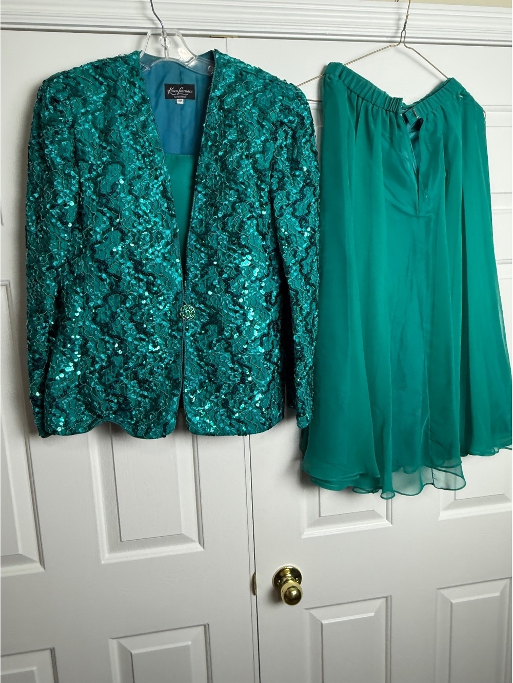 Vintage 80s Karen Lawrence by Matthew 3-Piece Sequin Chiffon Skirt Set Teal 12